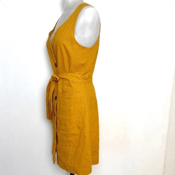 GREYLIN Linen Mustard Button-Down v neck tie waist mini Dress XS - Picture 3 of 6
